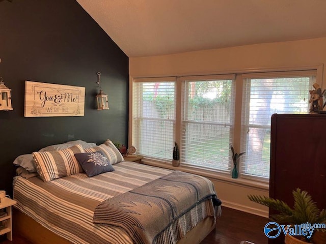 bedroom with lofted ceiling and dark hardwood / wood-style floors