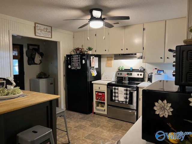 kitchen with ceiling fan, black fridge, stainless steel electric stove, light tile patterned floors, and a textured ceiling