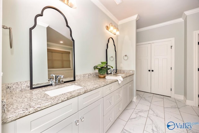 12 Cobbs Cove Way SE, Huntsville, AL 35803 - full bathroom with crown molding, double vanity, marble finish flooring, and baseboards