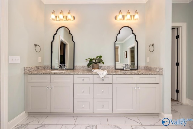 12 Cobbs Cove Way SE, Huntsville, AL 35803 - full bathroom featuring marble look tile flooring, double vanity, baseboards, and ornamental molding