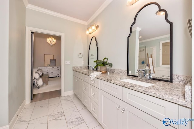 12 Cobbs Cove Way SE, Huntsville, AL 35803 - full bathroom featuring marble finish floors, crown molding, double vanity, baseboards, and an enclosed shower