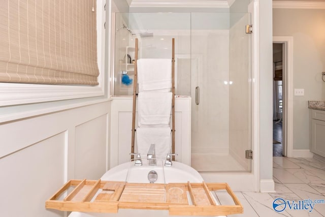 12 Cobbs Cove Way SE, Huntsville, AL 35803 - full bath with marble look tile flooring, a stall shower, crown molding, a tub, and vanity