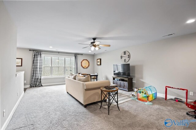 12 Cobbs Cove Way SE, Huntsville, AL 35803 - living room featuring light carpet, ceiling fan, baseboards, and recessed lighting