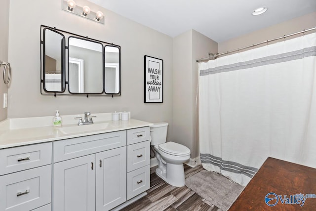 12 Cobbs Cove Way SE, Huntsville, AL 35803 - bathroom with vanity, wood finished floors, toilet, a shower with shower curtain, and recessed lighting