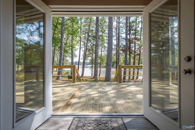 doorway to outside featuring a water view and wood-type flooring