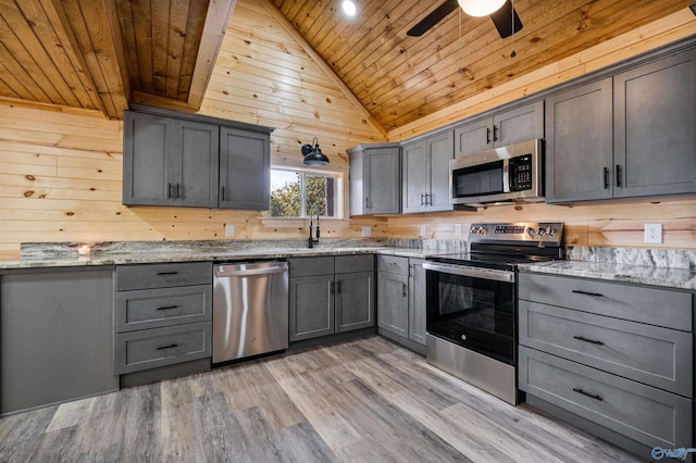 kitchen featuring gray cabinets, wooden walls, vaulted ceiling, wood ceiling, and appliances with stainless steel finishes
