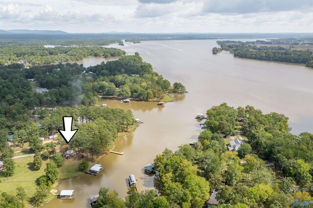 aerial view with a wooded view and a water view