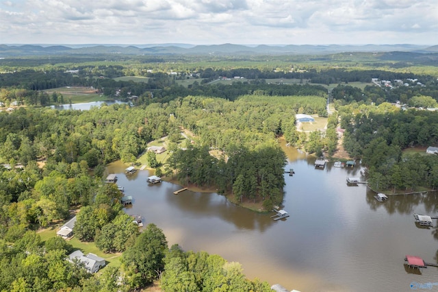 drone / aerial view with a forest view and a water and mountain view