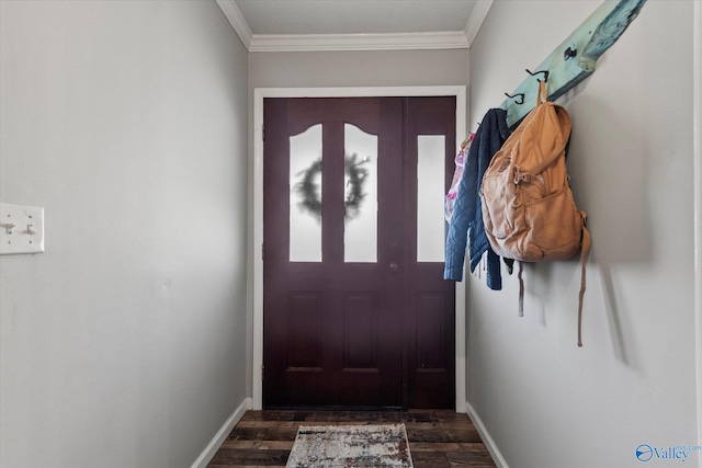 doorway to outside featuring dark hardwood / wood-style flooring and crown molding