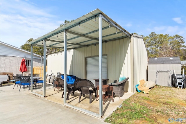 view of patio / terrace featuring a storage shed