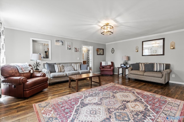 living room featuring crown molding, dark hardwood / wood-style floors, and a chandelier