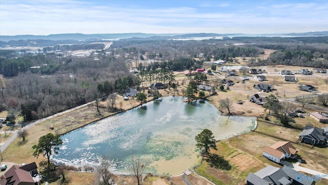 drone / aerial view featuring a water and mountain view