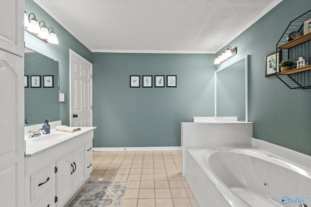 bathroom featuring a textured ceiling, ornamental molding, vanity, tiled bath, and tile patterned flooring