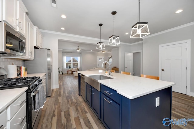 kitchen with a sink, blue cabinetry, visible vents, white cabinets, and appliances with stainless steel finishes