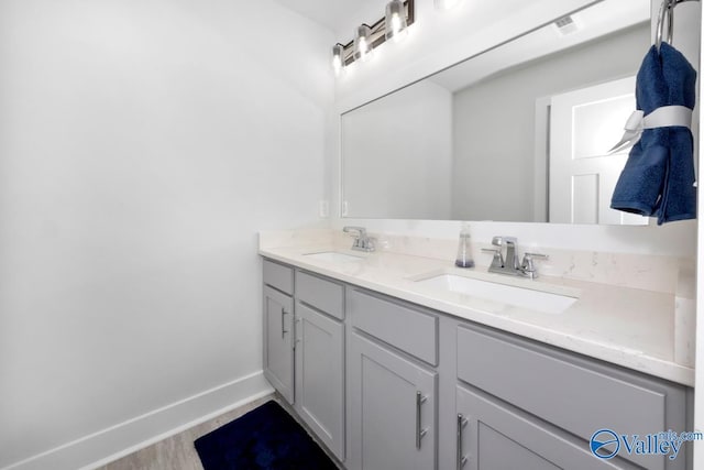 full bathroom featuring baseboards, wood finished floors, double vanity, and a sink