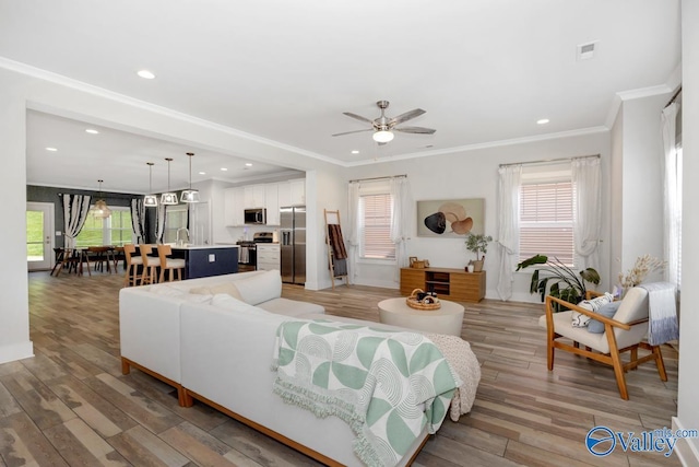 living area with a ceiling fan, a wealth of natural light, and crown molding