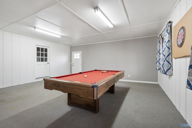 game room featuring billiards and carpet