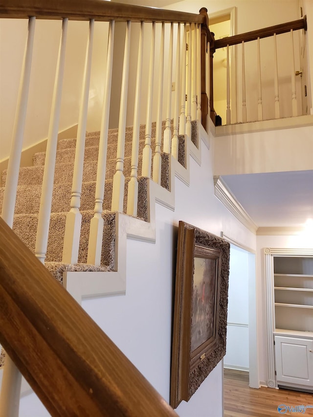 stairs featuring hardwood / wood-style flooring and crown molding