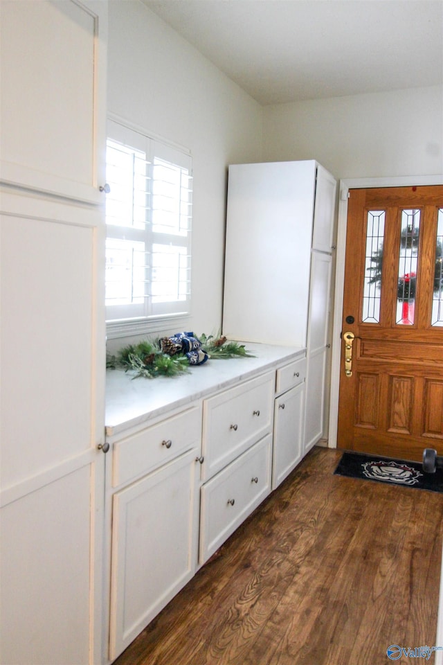 kitchen with white cabinets and dark wood-type flooring