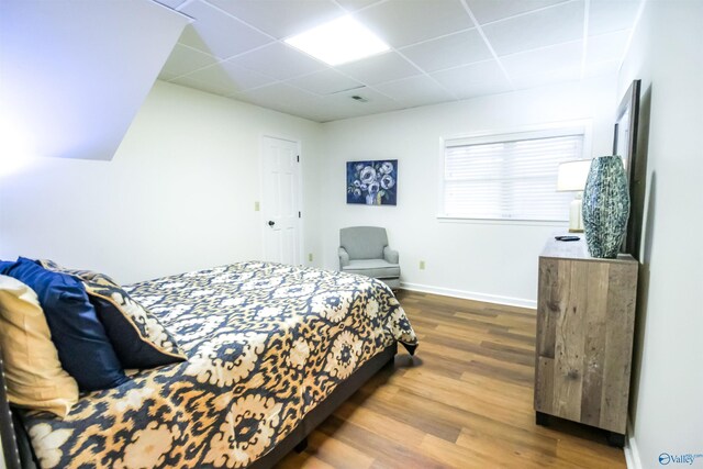 bedroom featuring hardwood / wood-style flooring and a drop ceiling