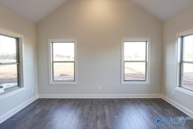 empty room with lofted ceiling and dark wood-type flooring