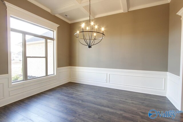 unfurnished dining area featuring dark hardwood / wood-style floors, beamed ceiling, coffered ceiling, a notable chandelier, and crown molding