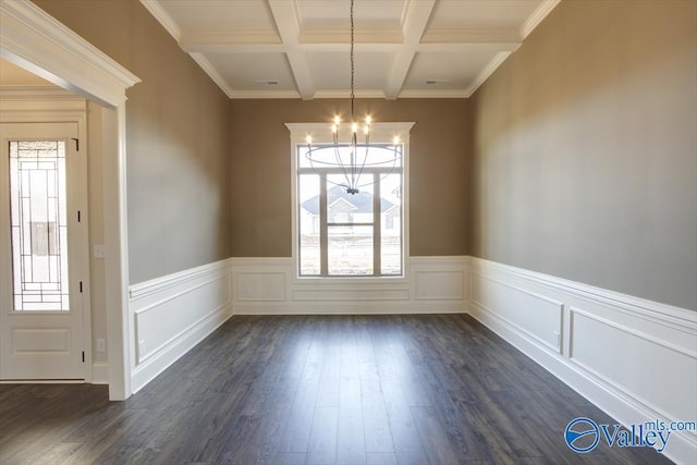 unfurnished dining area featuring an inviting chandelier, dark hardwood / wood-style floors, coffered ceiling, ornamental molding, and beamed ceiling