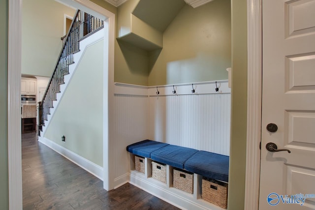 mudroom featuring dark wood-style flooring and wainscoting