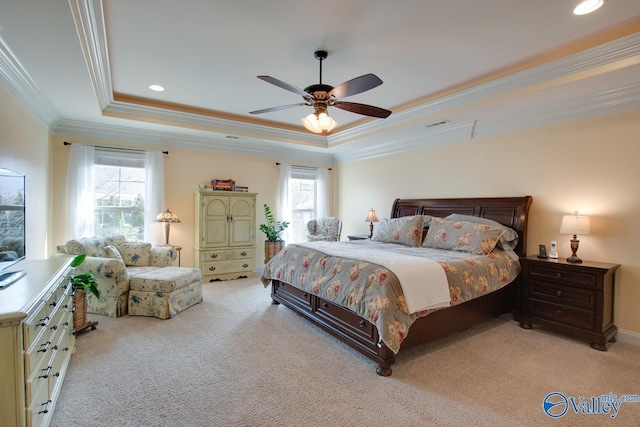 bedroom featuring carpet floors, a tray ceiling, and multiple windows