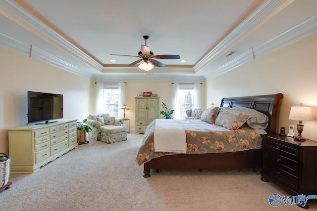 bedroom featuring light colored carpet, a tray ceiling, and multiple windows