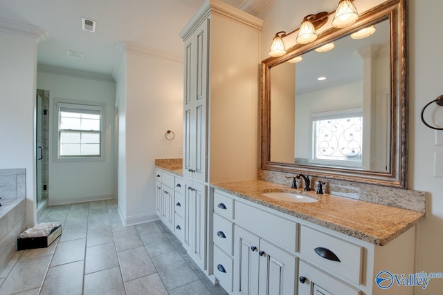 full bath featuring tile patterned flooring, vanity, visible vents, ornamental molding, and a stall shower