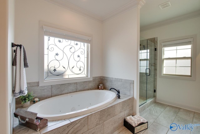 full bathroom featuring a stall shower, baseboards, visible vents, ornamental molding, and a whirlpool tub