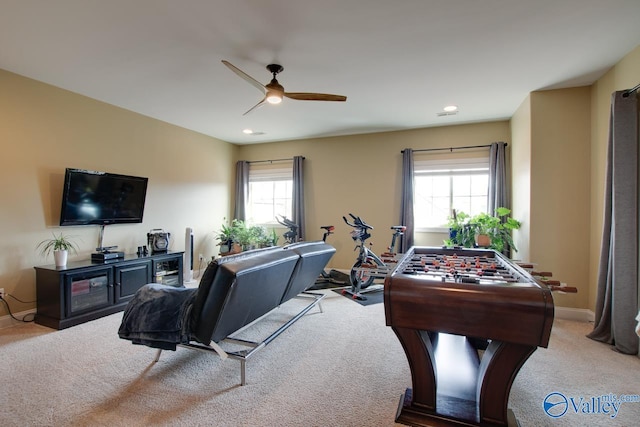 playroom with carpet, ceiling fan, baseboards, and recessed lighting