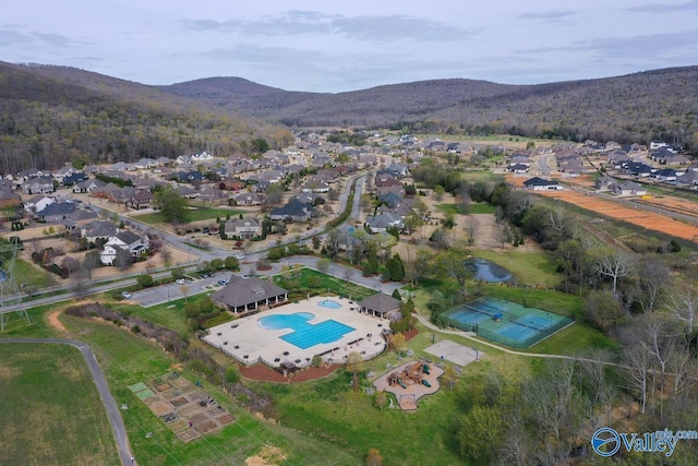 birds eye view of property featuring a residential view and a mountain view