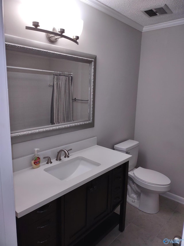 full bathroom featuring visible vents, toilet, a textured ceiling, crown molding, and vanity