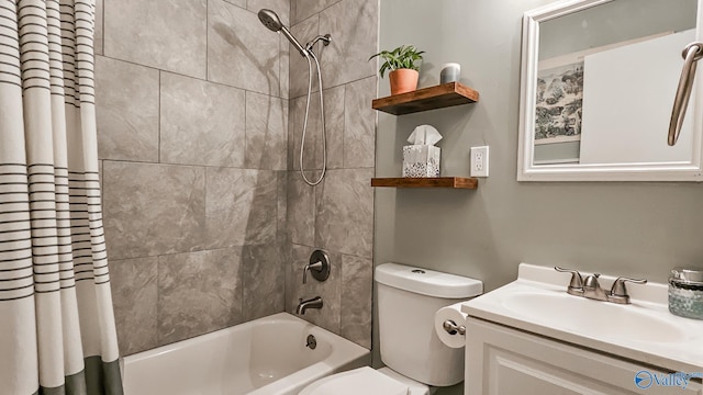 full bathroom featuring vanity, shower / bath combination with curtain, and toilet