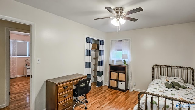 bedroom featuring light hardwood / wood-style floors and ceiling fan