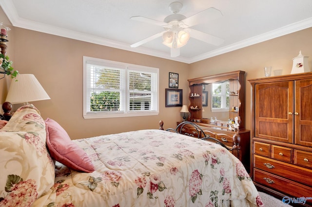 bedroom featuring ceiling fan and crown molding