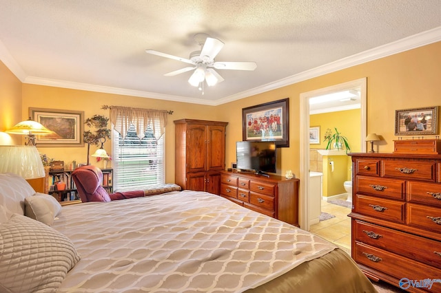 bedroom featuring ceiling fan, a textured ceiling, light tile patterned floors, and ornamental molding