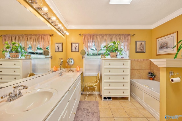 bathroom with crown molding, tile patterned floors, a tub to relax in, and double sink vanity