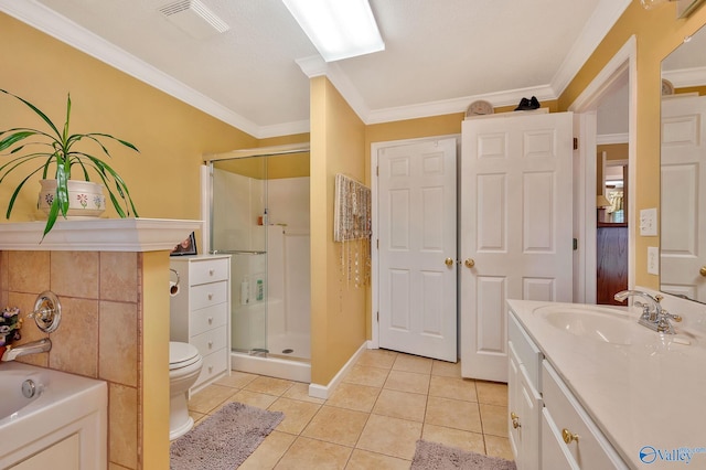 full bathroom with tile patterned flooring, crown molding, toilet, vanity, and shower with separate bathtub