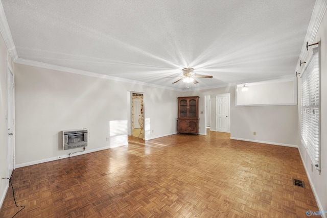 unfurnished living room with ceiling fan, ornamental molding, heating unit, a textured ceiling, and parquet flooring