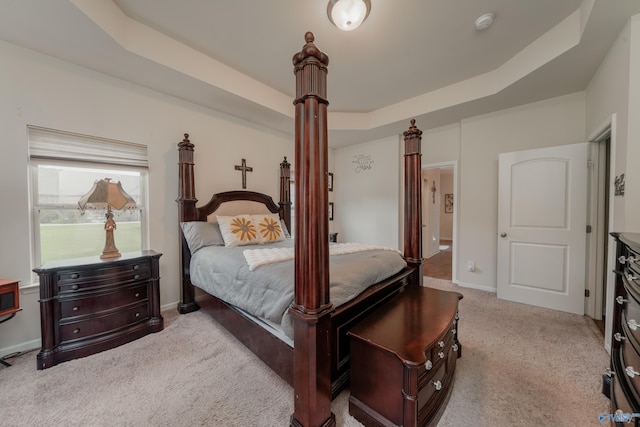 carpeted bedroom with a tray ceiling