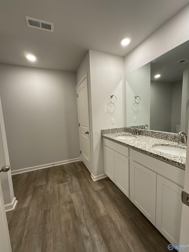 bathroom with hardwood / wood-style floors and vanity