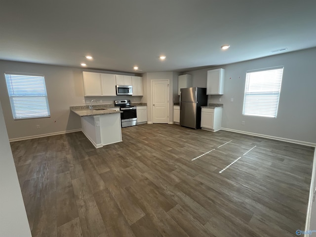 kitchen featuring white cabinets, appliances with stainless steel finishes, dark wood-type flooring, sink, and kitchen peninsula