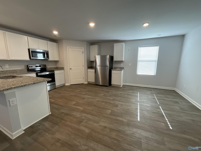 kitchen with white cabinetry, stainless steel appliances, dark hardwood / wood-style flooring, light stone countertops, and sink