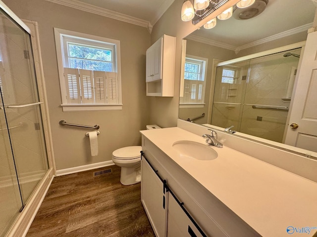 full bath featuring a stall shower, wood finished floors, visible vents, and crown molding