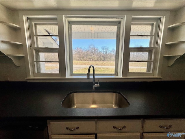 kitchen with dishwasher, open shelves, dark countertops, and a sink