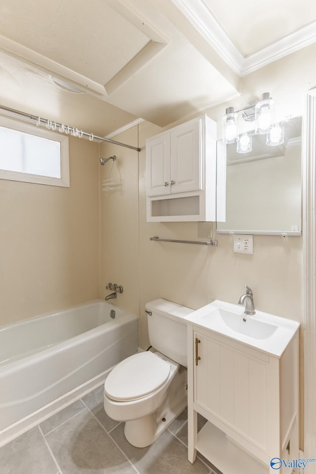 full bathroom with vanity, ornamental molding, shower / washtub combination, tile patterned floors, and toilet