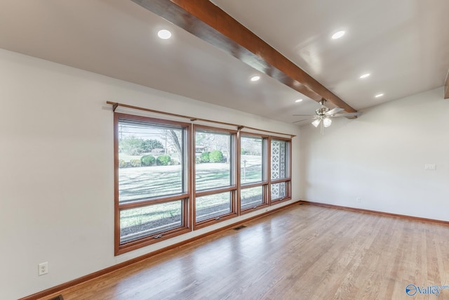 empty room with beamed ceiling, visible vents, recessed lighting, light wood-style floors, and baseboards